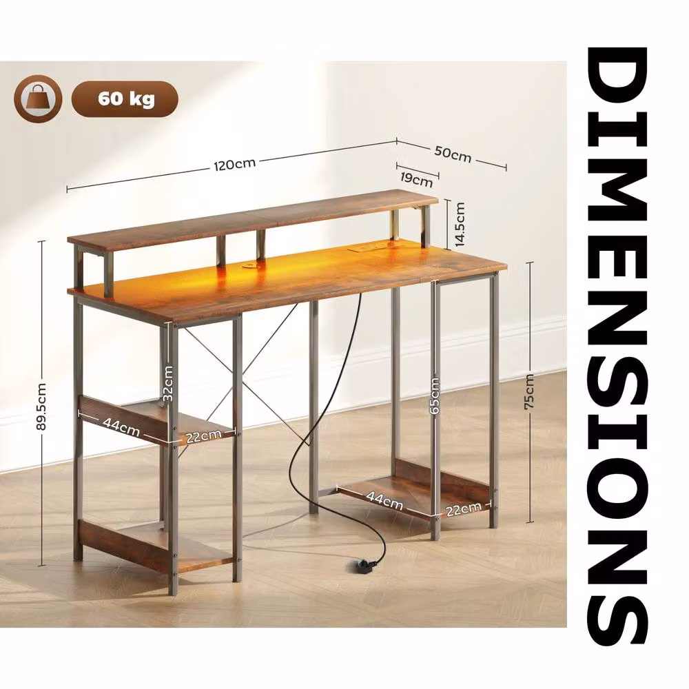 FURNOS Industrial Computer Desk with USB Outlets and LED Lights, Brown, W: 120 cm, D: 60 cm, H: 76.7 cm – 7