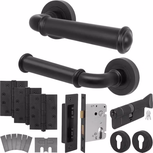 AFIT Black Aluminium Fire Door Handle Set with Euro Lock Thumbturn Cylinder and Hinges