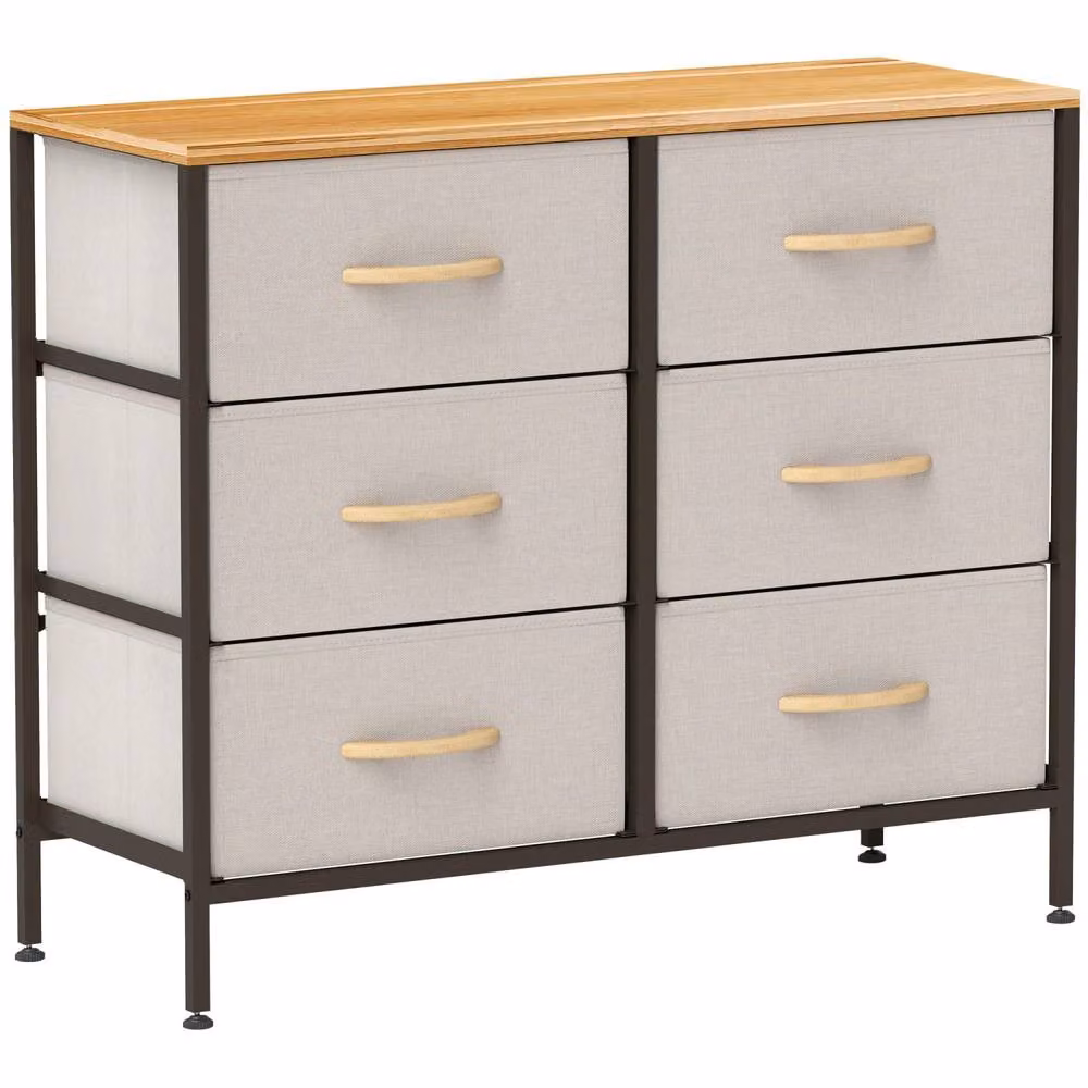 Wyld Haus Nali 6 Drawer Dresser in Cream White Fabric and Maple Effect Wood with Steel Frame, W/D/H: 80 x 30 x 62.5 cm – 2