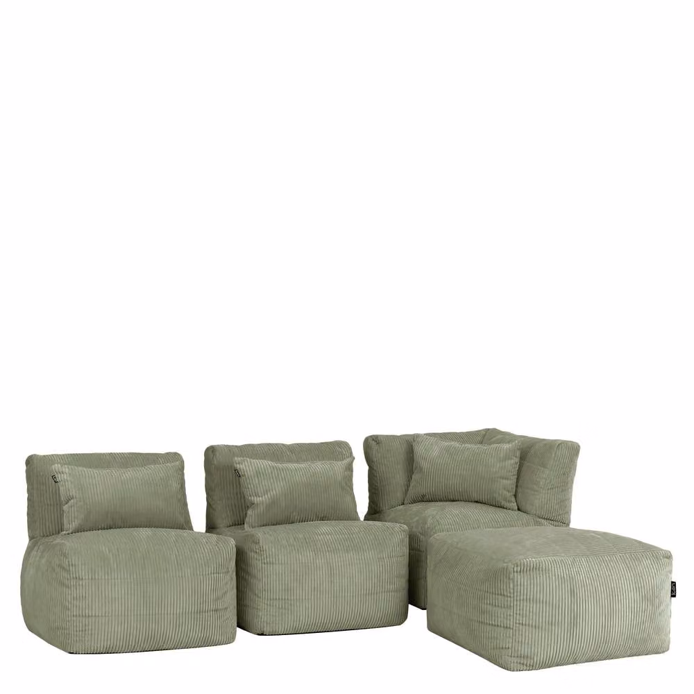 icon Noa 4-Piece Bean Bag Set in Green Jumbo Cord featuring 1x Corner, 2x Recliner and 1x Slab pieces – 2
