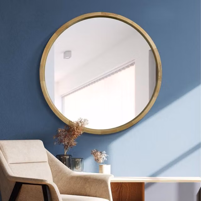 MirrorOutlet Naturalis Solid Oak Round Circular Framed Wall Mirror, Brown, Diameter: 100 cm