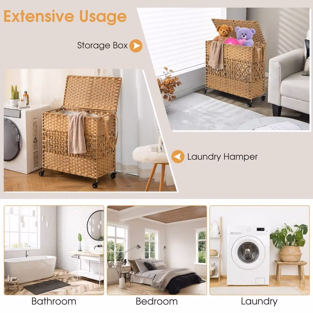 Costway 110L 2-Section Laundry Hamper with Lid and Wheels in Beige – 3