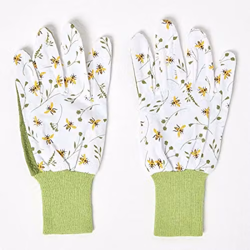 HOMESCAPES Green Floral Gardening Gloves with Bee Design – 1