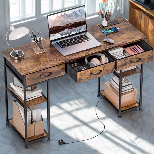 Furnold Industrial Computer Desk with Drawers in Brown