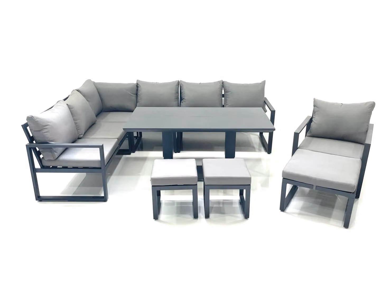 Fimous Aluminum Outdoor Garden Furniture Set in Dark Grey with Corner Sofa, Chair, 3 Footstools and Height Adjustable Dining Table – 2