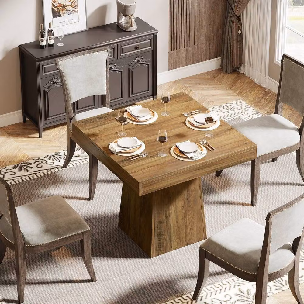 PAWNORA Rustic Brown Square Wood Dining Table with Central Pedestal, W/D/H: 80 x 80 x 75 cm – 4