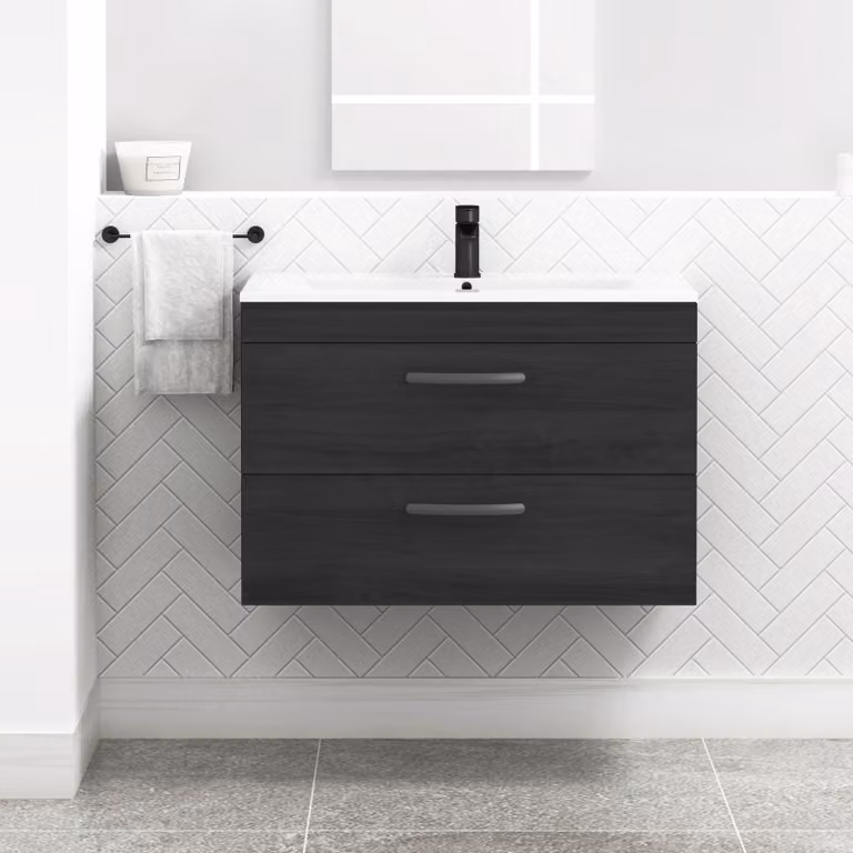 Royal Bathrooms Turin 800mm Wall Hung Vanity Unit in Hale Black with 2 Drawers and Matt Black Handles