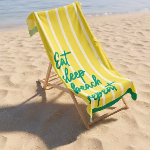OHS Eat Sleep Beach Microfibre Quick Dry Beach Towel, Yellow, W: 71 cm, L: 152 cm