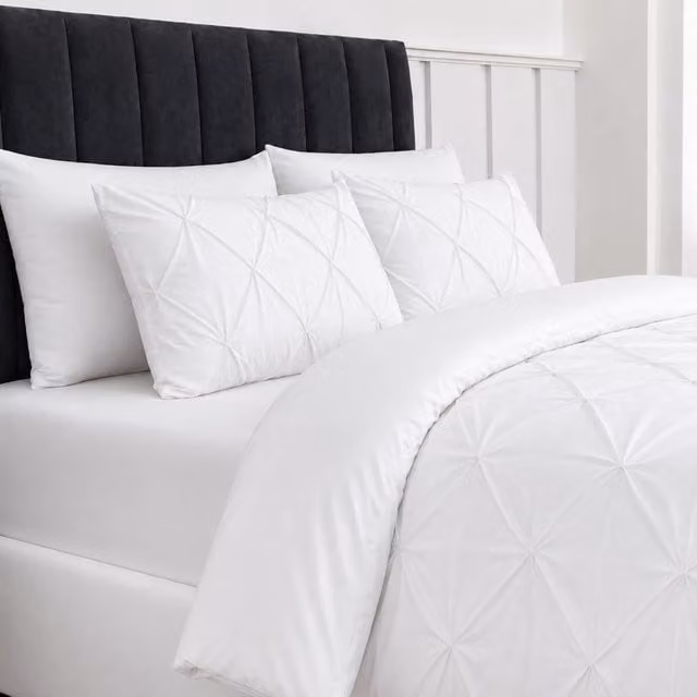MHG Living 5 Piece White Microfibre Pintuck Duvet Cover Set with Fitted Sheet and Pillowcases