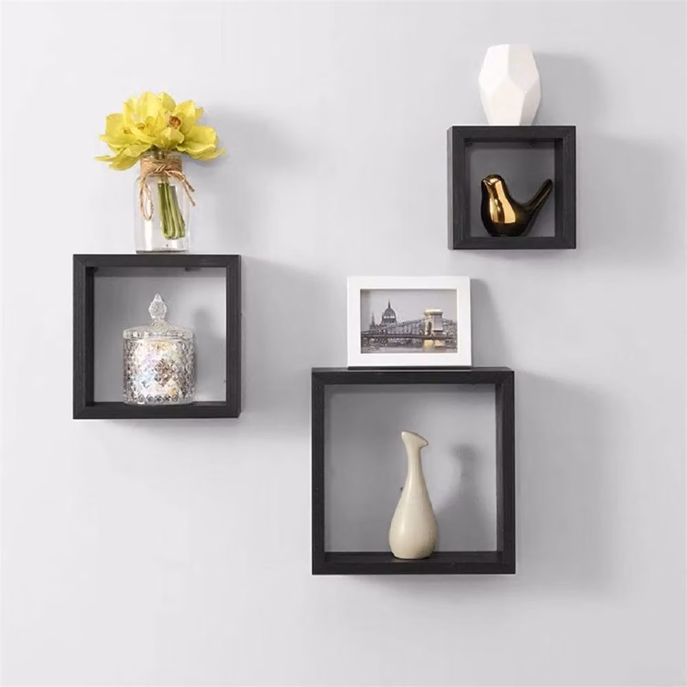 Kelvenix Black Matt MDF Wall Mounted Floating Cube Box Shelf Set – 3