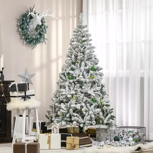 HOMCOM 6 Ft Snow Flocked Artificial Christmas Tree in Green with Auto Open Feature – 4