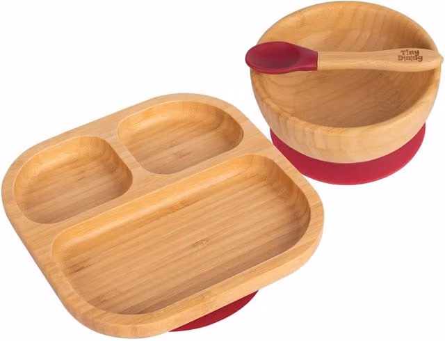 Tiny Dining 3pc Bamboo and Silicone Suction Feeding Set, Segmented Divided Toddler Dining Set in Red – 1