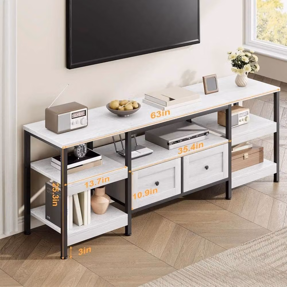 VOGREX Industrial TV Stand with Drawer and Open Shelf Entertainment Center in White – 2