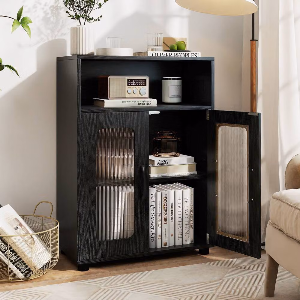 Costway Freestanding Black Bathroom Cabinet with 2 Hinged Doors and Internal Shelves – 7