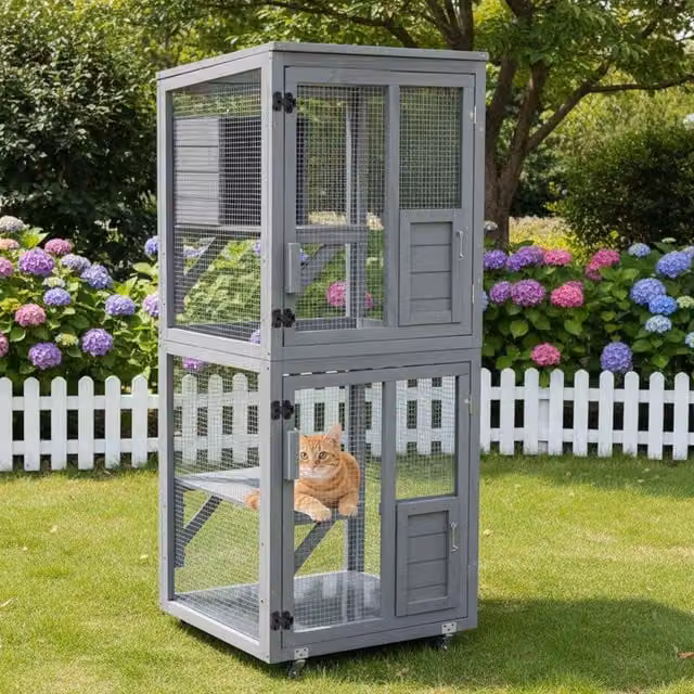 PawHaven Small Wooden Outdoor Catio and Cat House Playpen in Grey