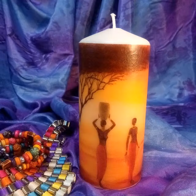 Viki African Beauty Pillar Candle in White and Multicolour