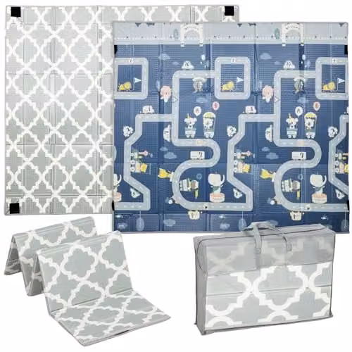 AIYAPLAY Foldable XPE Foam Baby Play Mat in Grey Diamond and Traffic Theme, W/D/H: 180.5 x 140 x 1.6 cm – 1