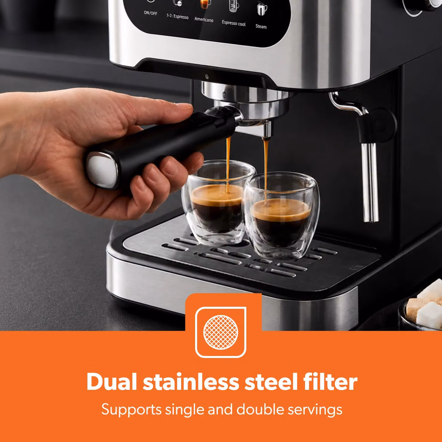 Geepas 20-Bar Espresso Coffee Machine with Milk Frother and 1.5 l Tank in Black – 5