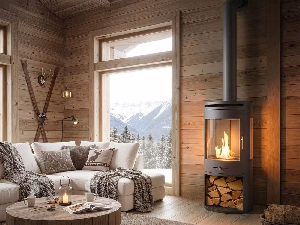OKO S7 Bio Ethanol Panoramic Stove with Log Storage and Extra Tall Metal Pipe in Dark Grey – 3
