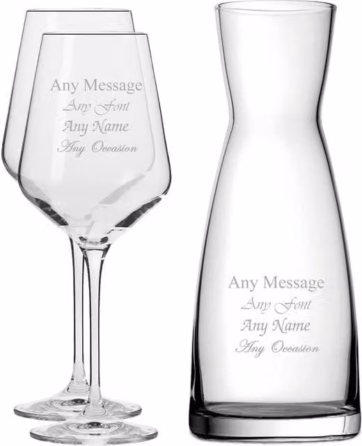 Uniqueful Personalised Set of 2 Infinity Wine Glasses and Contemporary Carafe in Clear