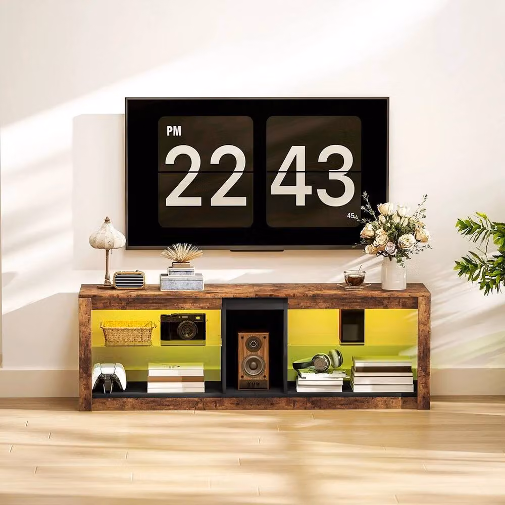 PAWNORA Modern Brown TV Stand and Entertainment Centre with Integrated Lighting and Media Compartments, W: 100 cm, D: 15 cm – 4