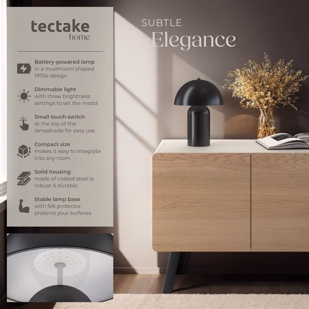 tectake Kade Retro LED Table Lamp in Black with Rechargeable Battery and 3 Brightness Levels – 2