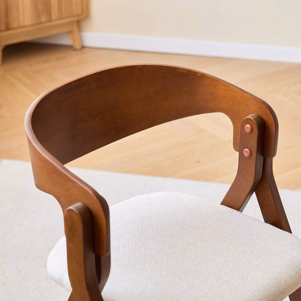 Nordlys Set of 2 Scandinavian Style Walnut Wood and Beige Fabric Dining Chairs with Armrests – 7