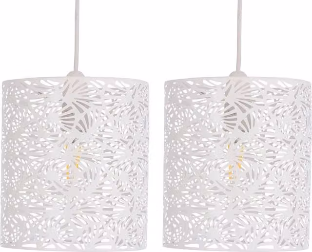 First Choice Lighting Maui Set of 2 White Cut Out Metal Leaf Cylinder Pendant Light Shades