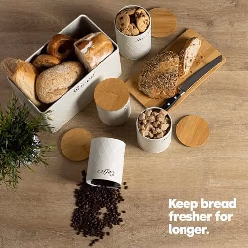 Samtek White 5 Piece Bread Bin and Airtight Kitchen Canister Set with Embossed Metal Finish – 2
