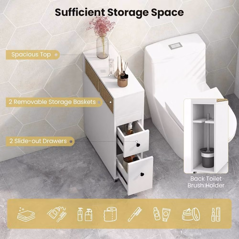 Gymax Narrow Movable Bathroom Cabinet with 2 Rattan Baskets in White – 2
