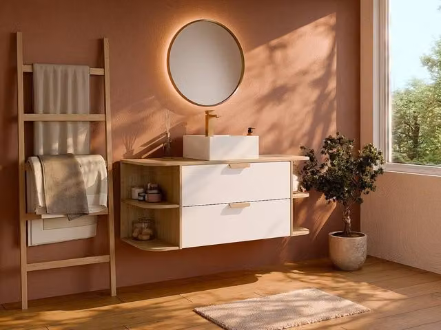 Vente-unique Suspended Bathroom Vanity Unit with Niches and Square Countertop Basin in Light Oak