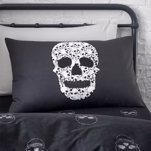 Catherine Lansfield Skulls Reversible Halloween Duvet Cover and Pillowcase Set, Grey and Black, W/D/H: 200 x 200 cm – 2