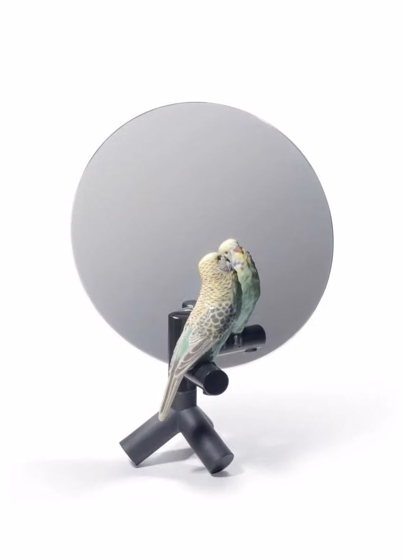 Lladró Parrot Multicolour Porcelain and Glass Round Tabletop Vanity Mirror