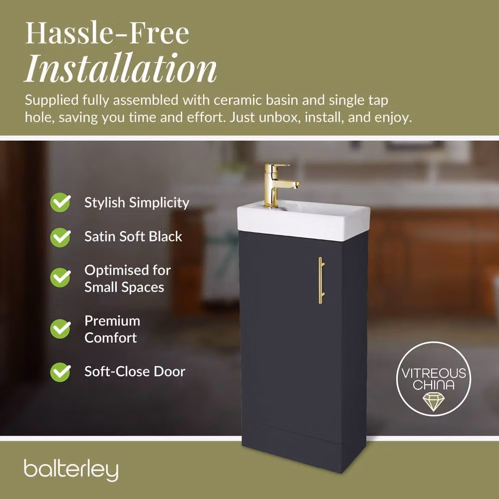 Balterley Grey Floor Standing Vanity Basin with Satin Soft Black Finish and Brushed Brass Handle, Width: 40 cm, Height: 86.1 cm – 5