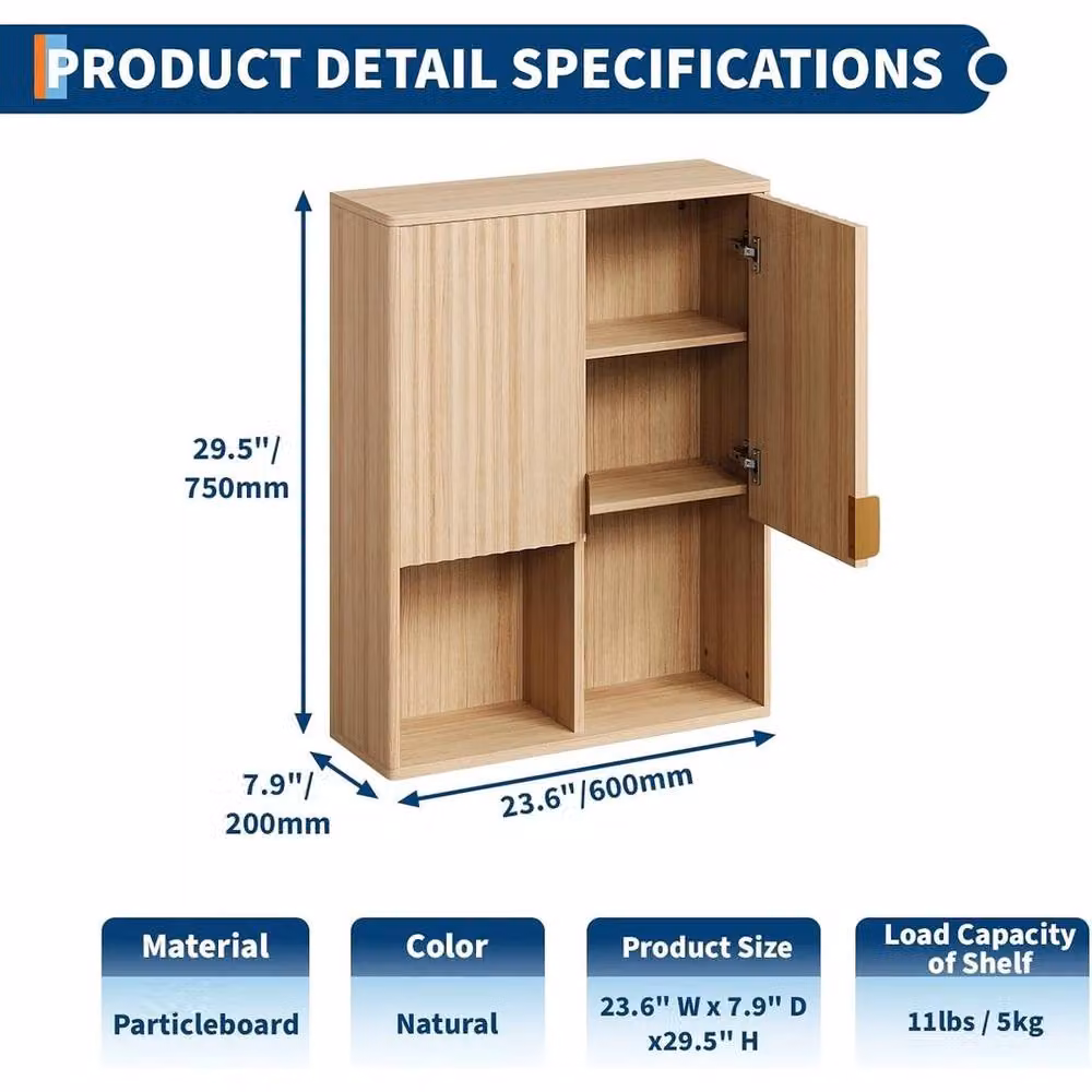 VOGREX Wood Bathroom Wall Cabinet with Adjustable Internal Shelves and Hinged Doors in Brown, W/D/H: 75.5 x 21.0 x 60.0 cm – 2