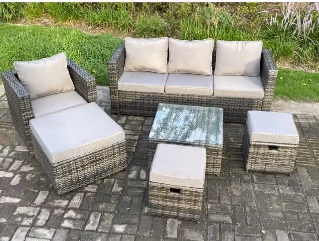 Fimous 6-Piece PE Rattan Outdoor Sofa Set in Grey with Powder Coated Steel Frame and Upholstered Cushions