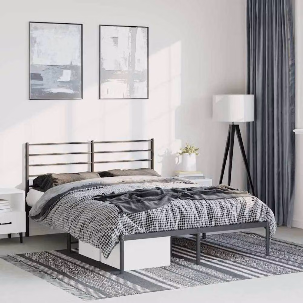 Berkfield Home Metal Bed Frame with Headboard in Black, W: 135 cm x L: 190 cm – 1