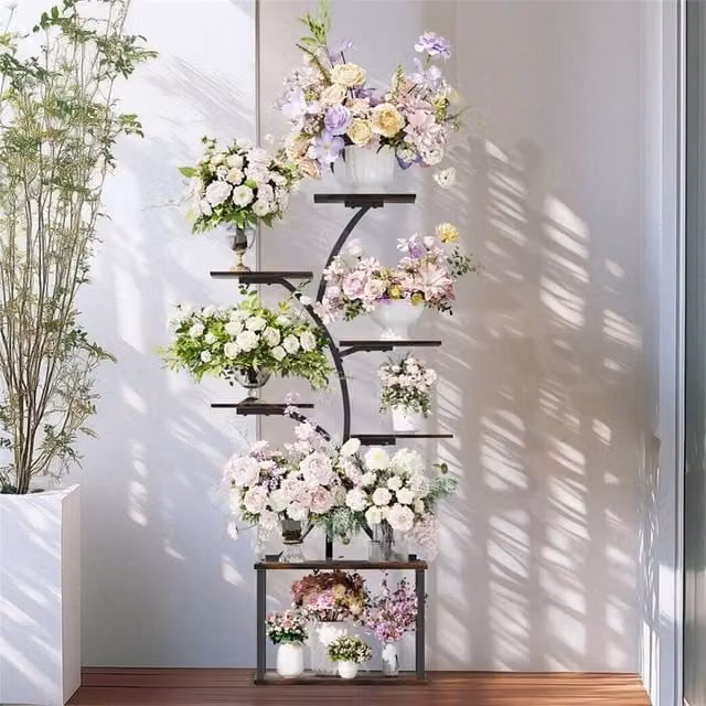 Kelvenix 7 Tiered Indoor Curved Plant Stand in Matt Black Metal and MDF – 1