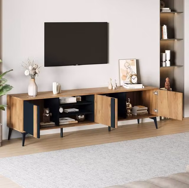 STILVORA TV Stand with 3 Door Cabinets and 4 Open Shelves in Brown