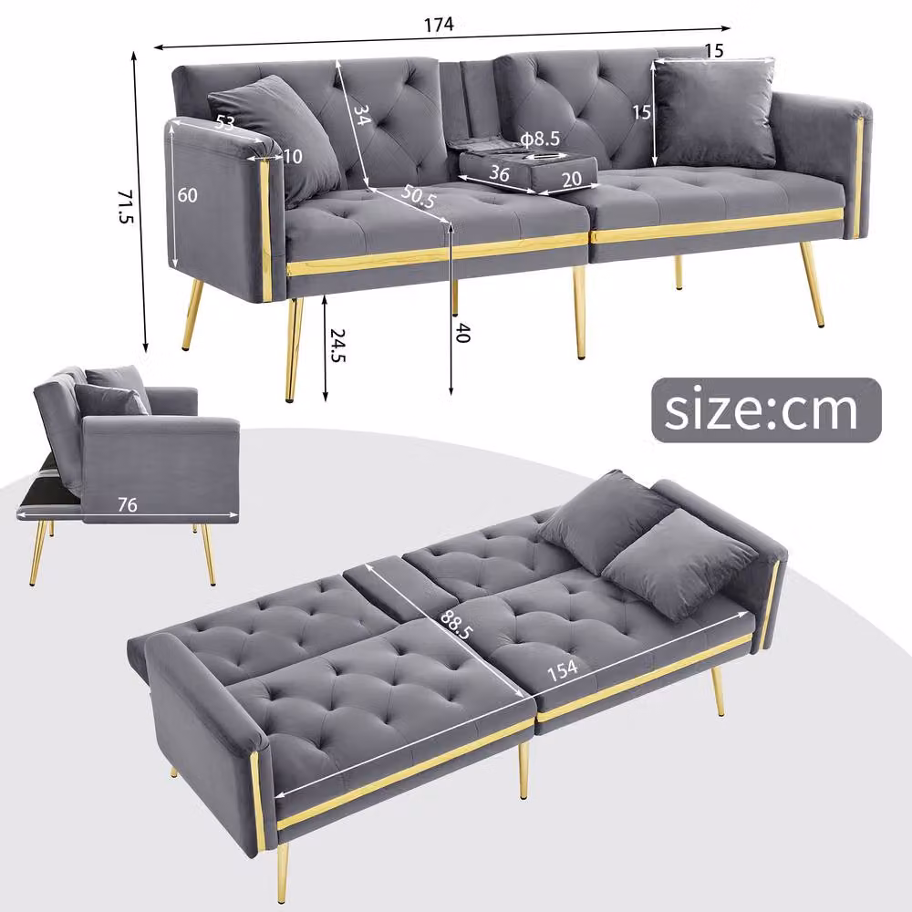 BTM 2 Seater Convertible Velvet Sofa Bed in Grey with Adjustable Headrest and Cup Holders, W/D/H: 174 x 76 x 71.5 cm – 8