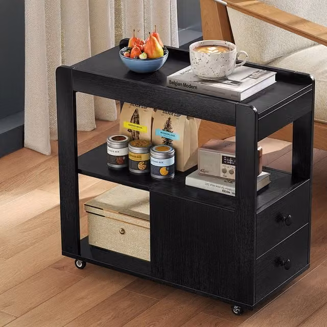 COSTWAY Modern Rolling Sofa Side Table with Serving Tiers and Castors, Black
