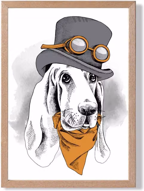 ARTZE Steam Punk Hound Dog Sketch Framed Print, Orange and Multicolour, Oak Frame, A3