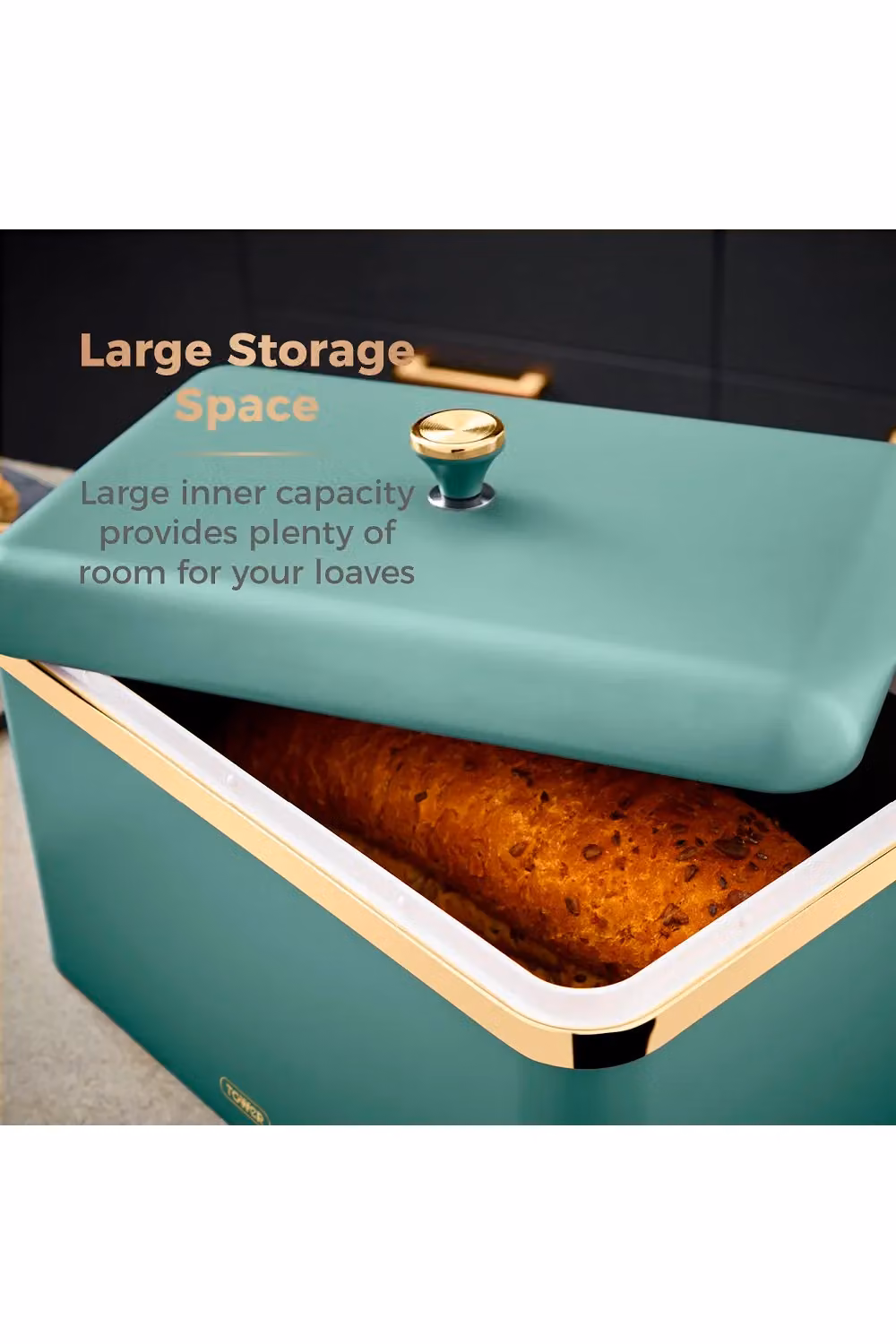 Tower Cavaletto Airtight Bread Bin in Stainless Steel, Jade Green and Gold, W/D/H: 35.0 x 24.0 x 23.0 cm – 6