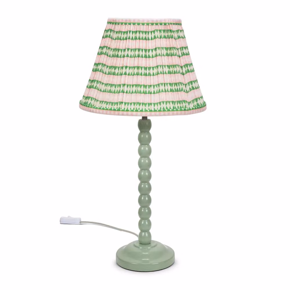 ValueLights Bobbin Stem Table Lamp in Sage Green with Pale Pink Fabric Pleated Shade – 2