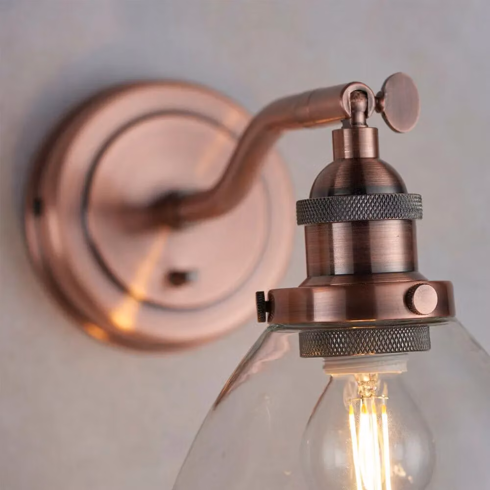 Loops 2 Pack Dimmable LED Wall Light in Aged Copper with Transparent Glass Shade, Adjustable Industrial Fitting – 2