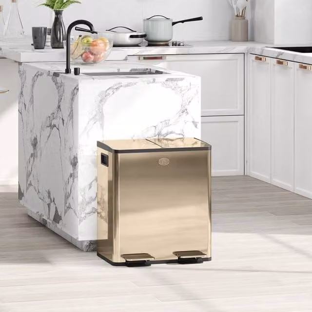 KORVIXA Gold Dual Kitchen Pedal Bin, 2 x 20L, Fingerprint-Proof Stainless Steel, Width: 100 cm