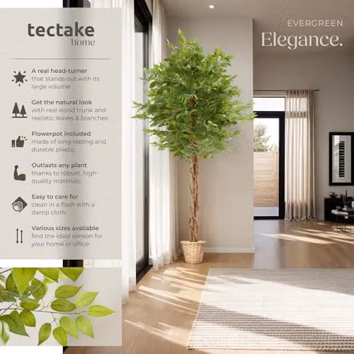 tectake Artificial Ficus Tree with Real Wood Trunk and Green Leaves, Height: 180 cm – 2