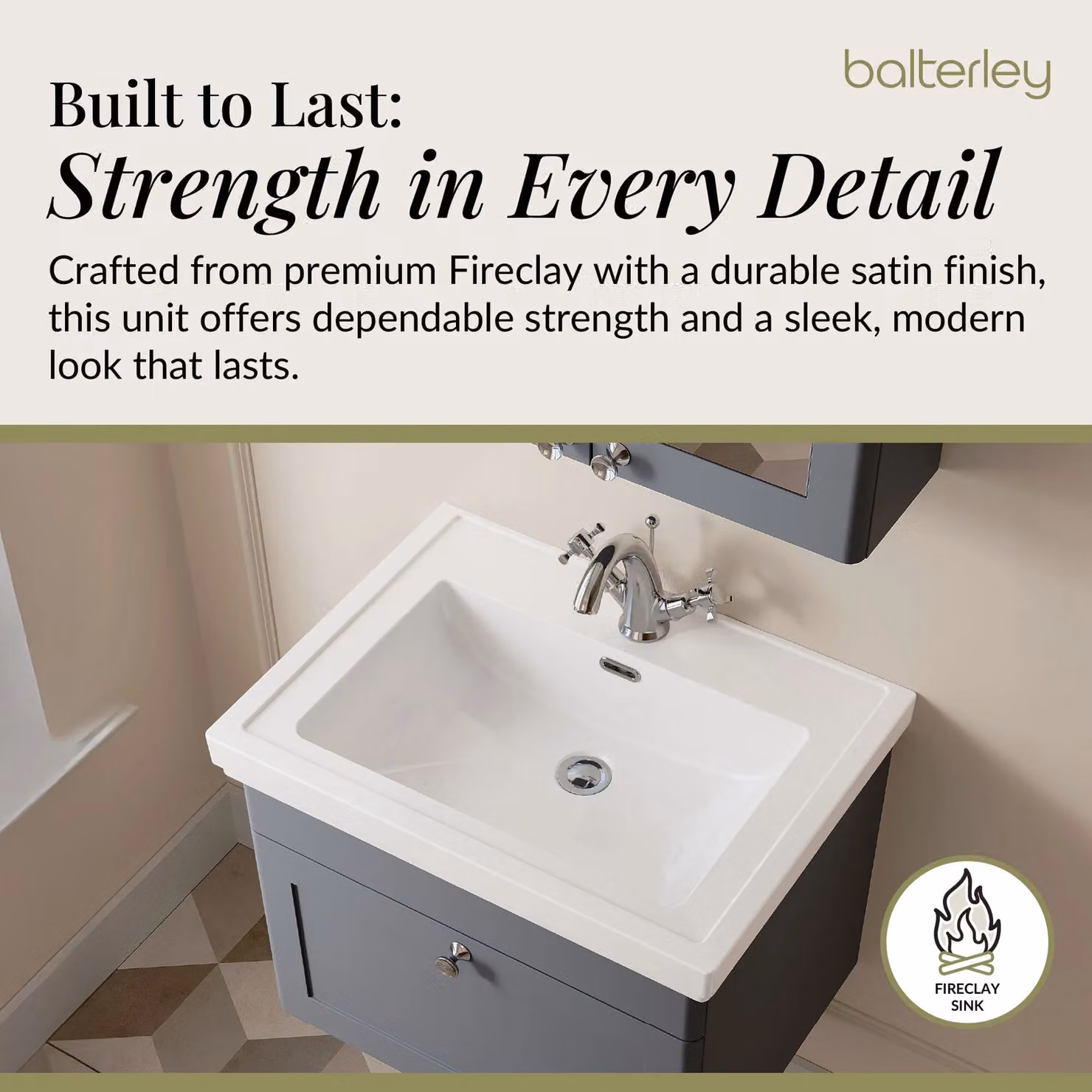 Balterley Wall Hung 1-Drawer Bathroom Vanity Unit and Fireclay Basin, Grey, W: 60 cm – 3