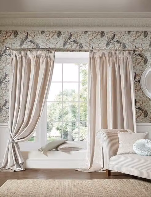 Laura Ashley Loretta Beige Velvet Blackout Pencil Pleat Thermal Insulating Curtains H: 229 cm x W: 168 cm