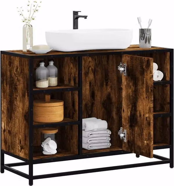 Berkfield Home Smoked Oak Bathroom Sink Cabinet in Brown, W/D/H: 80 x 33 x 60 cm – 1